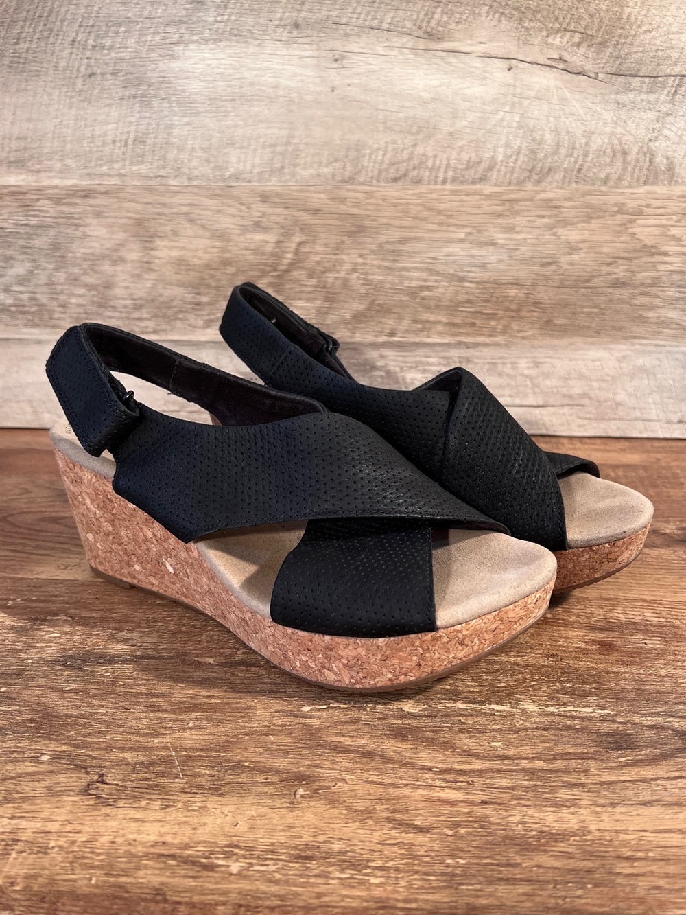 Black Cork Wedge Sandals with Cross-Strap Design